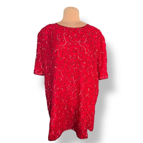Vintage Joseph LeBon Red Silk Sequin Swirl Beaded Blouse Plus Size 26W Evening - Picture 2 of 10